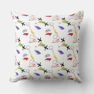 Airplane Bicycle Books Red Yellow Blue Travel Throw Pillow