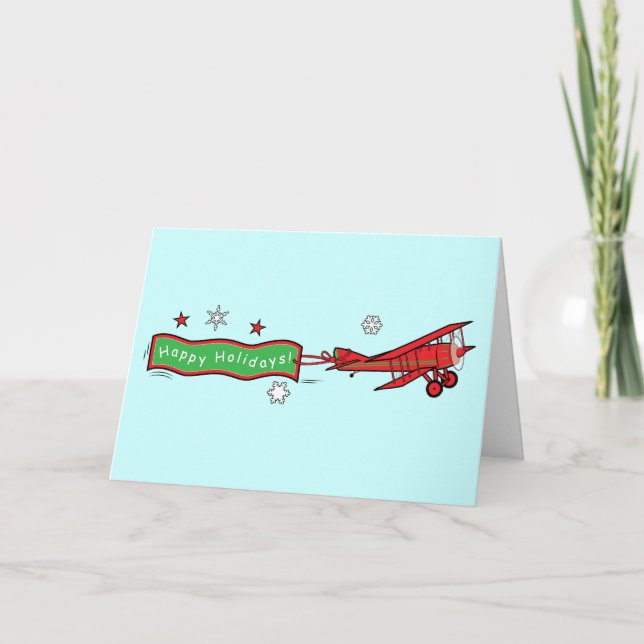 Airplane Biplane Happy Holidays Christmas Holiday Card (Front)