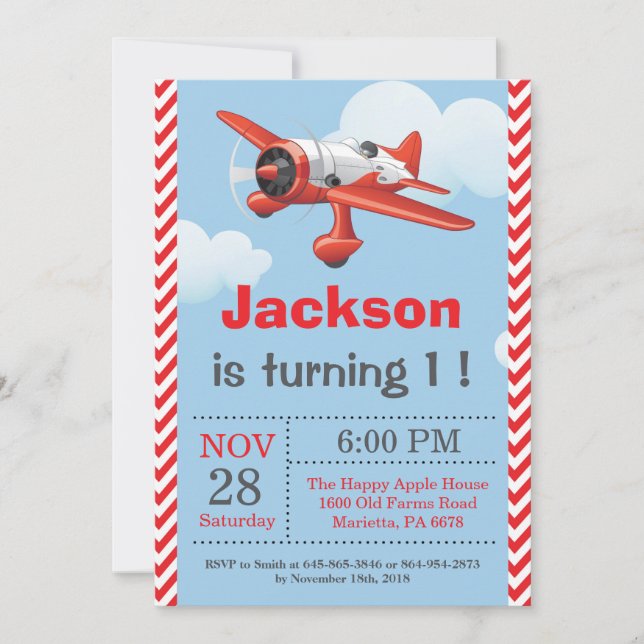 Airplane Birthday Invitation. Boy Birthday Party Invitation (Front)