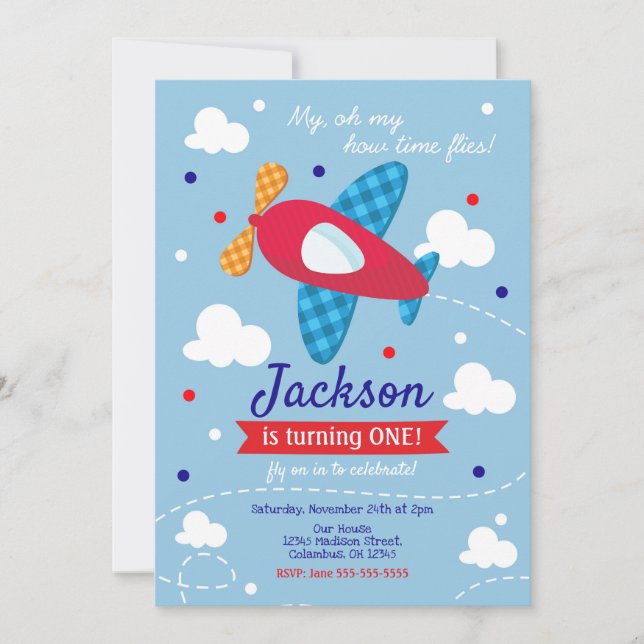 Airplane Birthday Invitation Boy / Time Flies (Front)