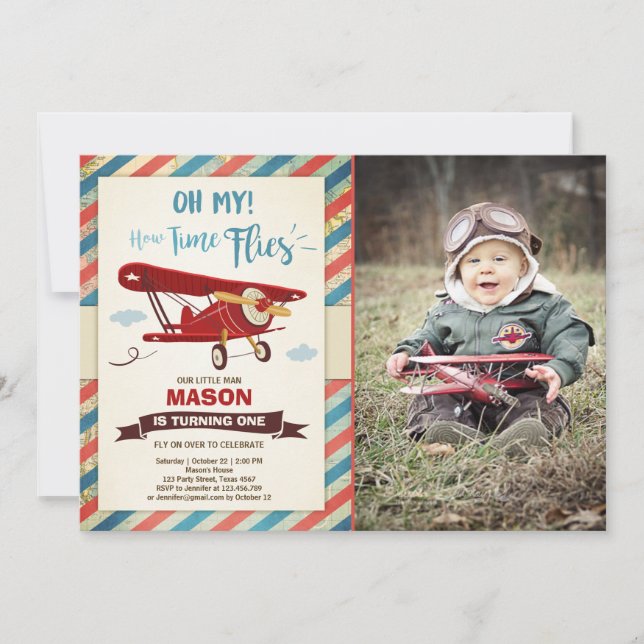 Airplane Birthday Invitation Time flies Plane Boy (Front)