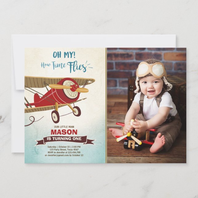 Airplane Birthday Invitation Time flies Plane Boy (Front)