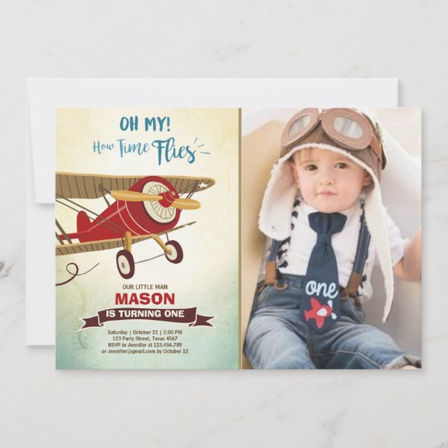 Airplane Birthday Invitation Time flies Plane Boy (Front)