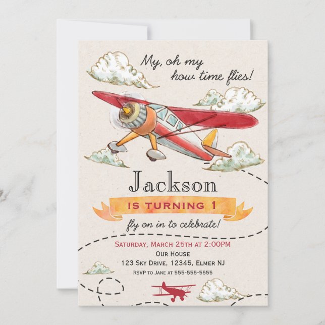Airplane Birthday Invitation Vintage Plane Invite (Front)