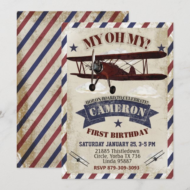 Airplane Birthday Invitation Vintage Theme (Front/Back)