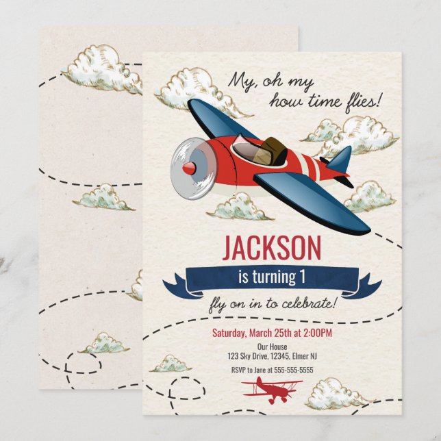 Airplane Birthday Invitation Vintage Time Flies (Front/Back)
