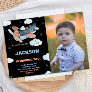 Airplane Birthday Invitations Black BK with photo