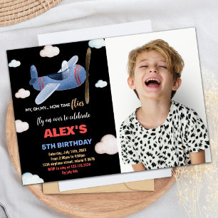 Airplane Birthday Invitations Black Blue w Photo