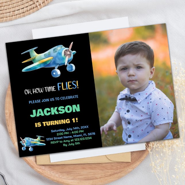Airplane Birthday Invitations Black Blue w Photo (Airplane Birthday Invitations Black Blue w Photo)