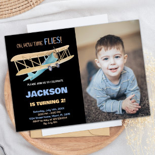 Airplane Birthday Invitations Black Blue w Photo
