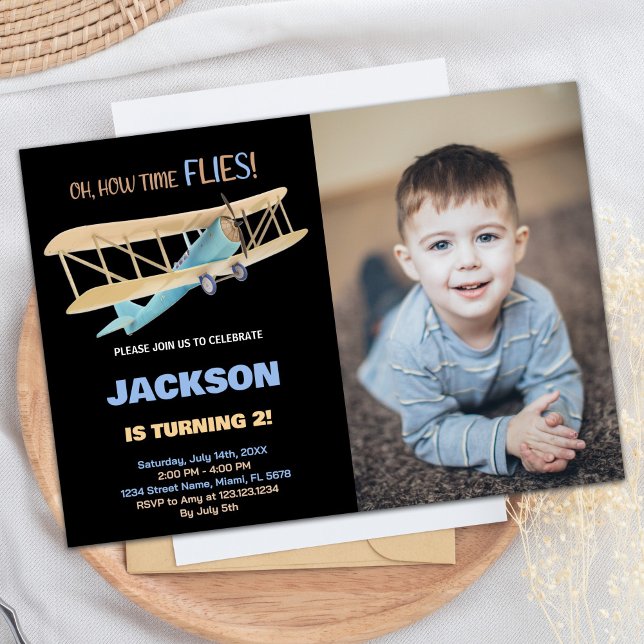 Airplane Birthday Invitations Black Blue w Photo (Airplane Birthday Invitations Black Blue w Photo)