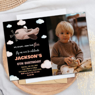 Airplane Birthday Invitations Black Brown w Photo