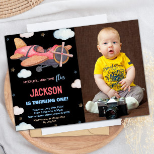 Airplane Birthday Invitations Black Brown w Photo