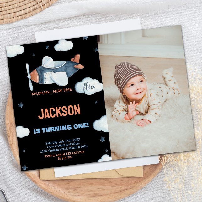 Airplane Birthday Invitations Black Brown W Photo (Airplane Birthday Invitations Black Brown W Photo)