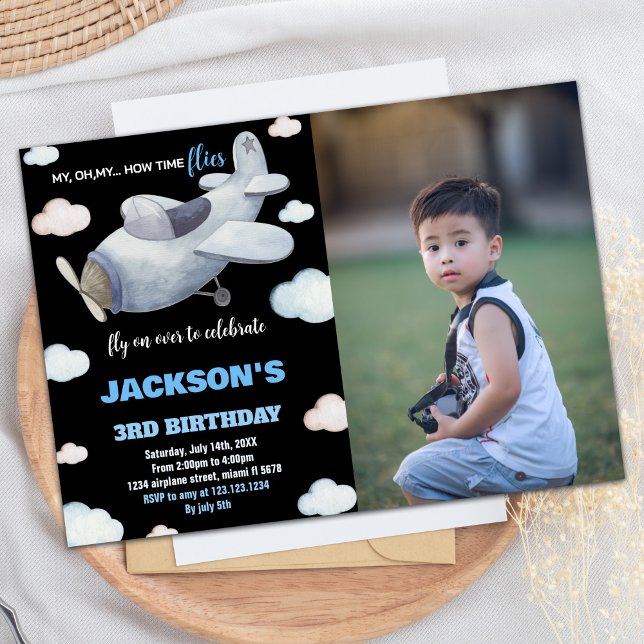 Airplane Birthday Invitations Black Grey w Photo (Airplane Birthday Invitations Black Gray w Photo)