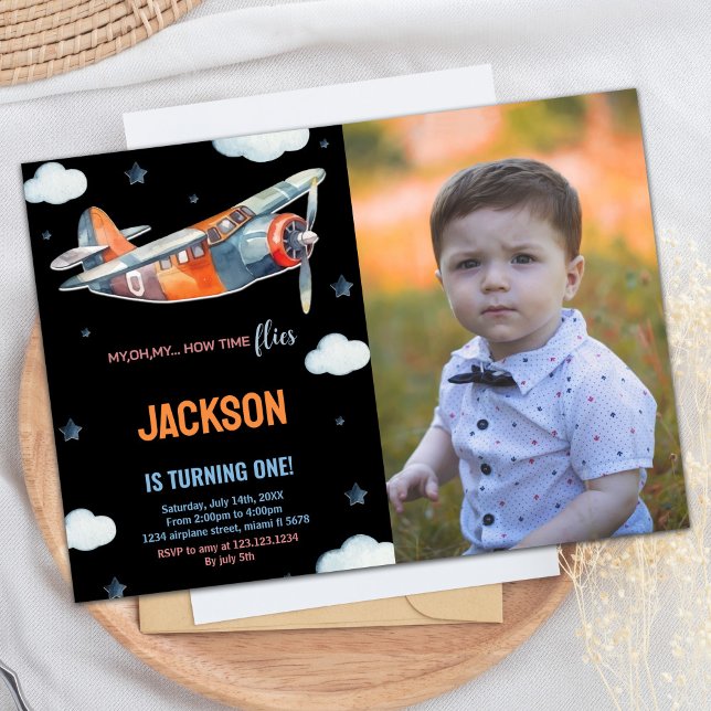 Airplane Birthday Invitations Black Orange w Photo (Airplane Birthday Invitations Black Orange w Photo)