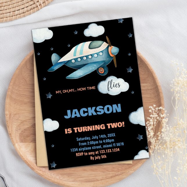 Airplane Birthday Invitations Blue Black BK (Airplane Birthday Invitations Blue Black BK)