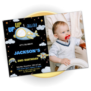 Airplane Birthday Invitations Blue Black w photo