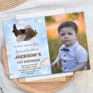 Airplane Birthday Invitations Blue Brown W Photo
