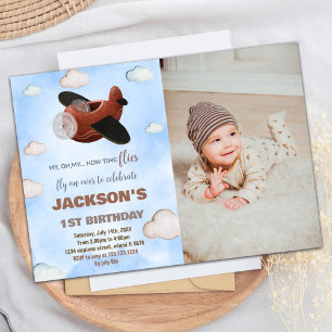 Airplane Birthday Invitations Blue Brown W Photo