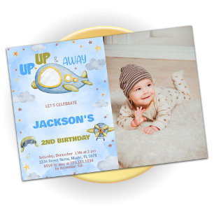 Airplane Birthday Invitations Blue Orange w photo