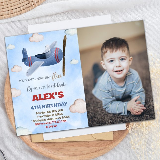 Airplane Birthday Invitations Blue Red With photo (Airplane Birthday Invitations Blue Red With photo)