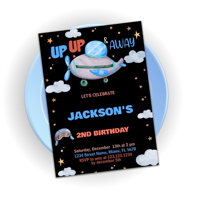 Airplane Birthday Invitations Brown Blue Black (Airplane Birthday Invitations Brown Blue Black)