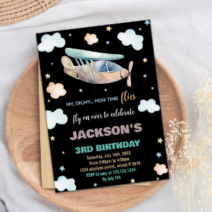 Airplane Birthday Invitations Brown Green Black