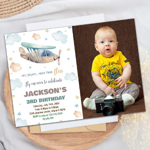Airplane Birthday Invitations Brown Green W Photo