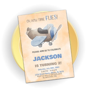 Airplane Birthday Invitations Brown Grey