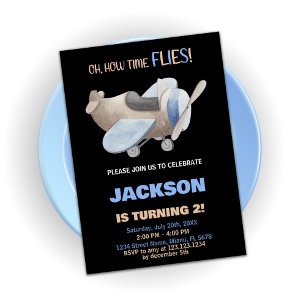Airplane Birthday Invitations Brown Grey Black