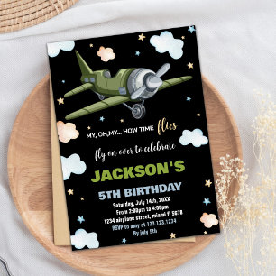 Airplane Birthday Invitations Green Black BK