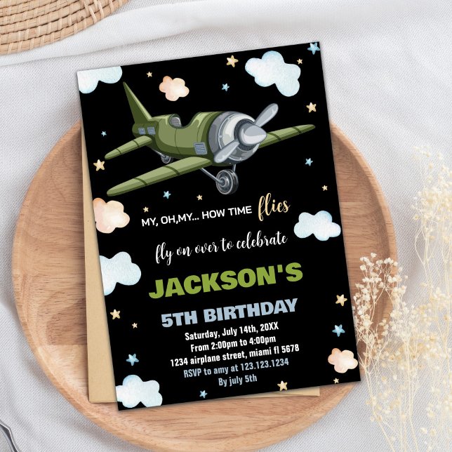 Airplane Birthday Invitations Green Black BK (Airplane Birthday Invitations Green Black BK)