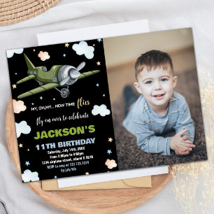 Airplane Birthday Invitations Green Black w Photo