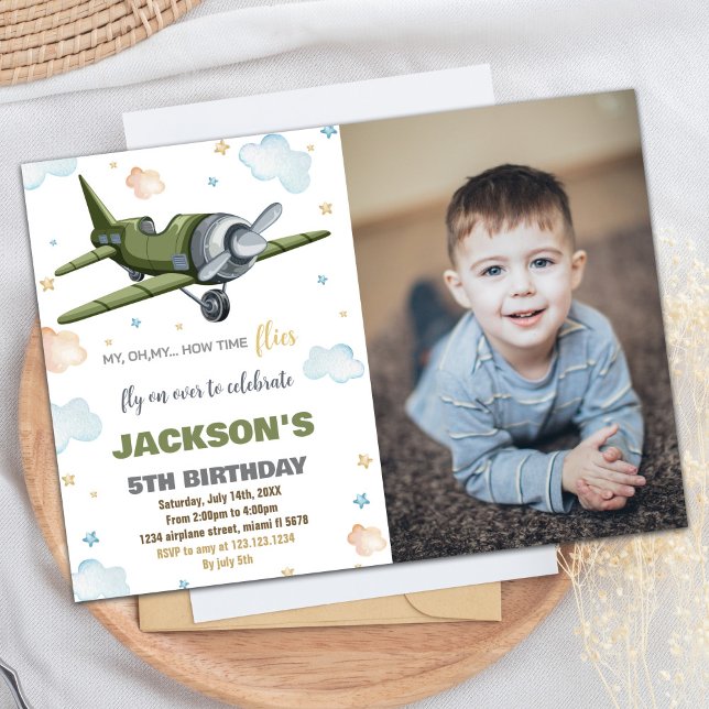 Airplane Birthday Invitations Green With Photo (Airplane Birthday Invitations Green With Photo)