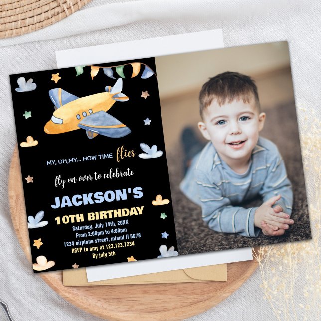 Airplane Birthday Invitations Grey Black W Photo (Airplane Birthday Invitations Gray Black W Photo)