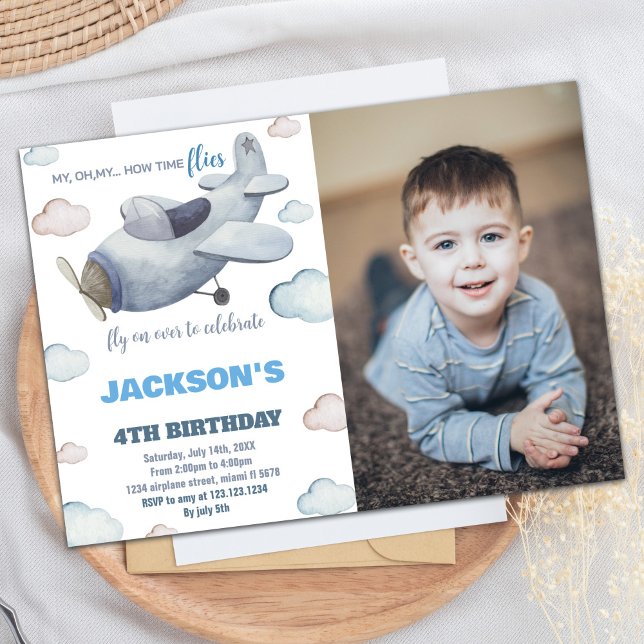 Airplane Birthday Invitations Grey Blue W Photo (Airplane Birthday Invitations Gray Blue W Photo)