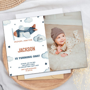 Airplane Birthday Invitations Grey Brown w photo