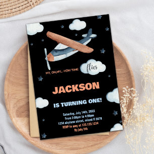 Airplane Birthday Invitations Grey Orange Black