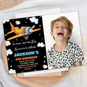 Airplane Birthday Invitations Orange Black w Photo