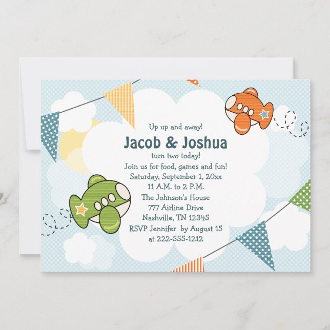 Airplane Birthday Invitations Twins (Front)