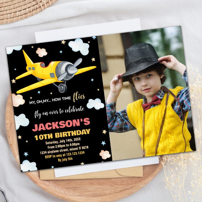 Airplane Birthday Invitations Yellow Black w Photo (Airplane Birthday Invitations Yellow Black w Photo)
