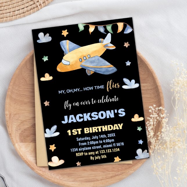 Airplane Birthday Invitations Yellow Grey Black BK (Airplane Birthday Invitations Yellow Gray Black BK)