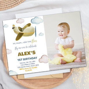 Airplane Birthday Invitations Yellow Orange photo