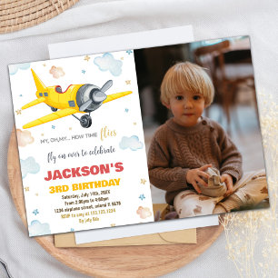 Airplane Birthday Invitations Yellow With Photo