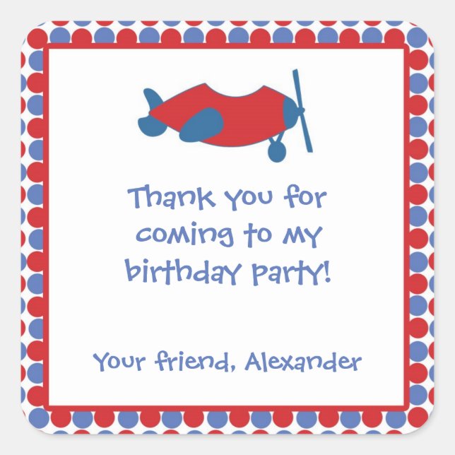 Airplane Birthday Party Favour Sticker Red Blue (Front)