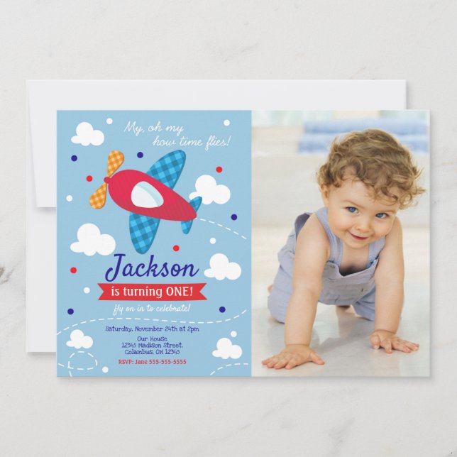 Airplane Birthday Photo Invitation / Time Flies (Devant)