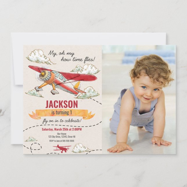 Airplane Birthday Photo Invitation Vintage Retro (Front)