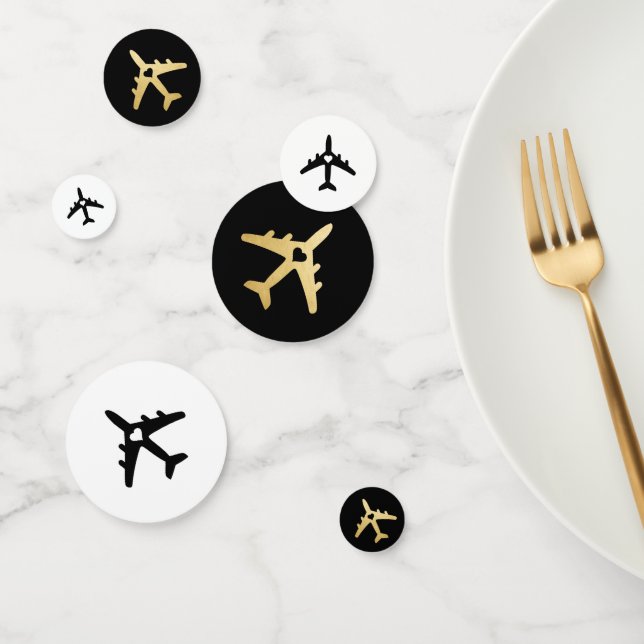 Airplane Black Gold Travel Theme Romantic Heart Confetti (Group)