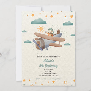 Airplane Blue and Green Watercolor birthday Invit Invitation